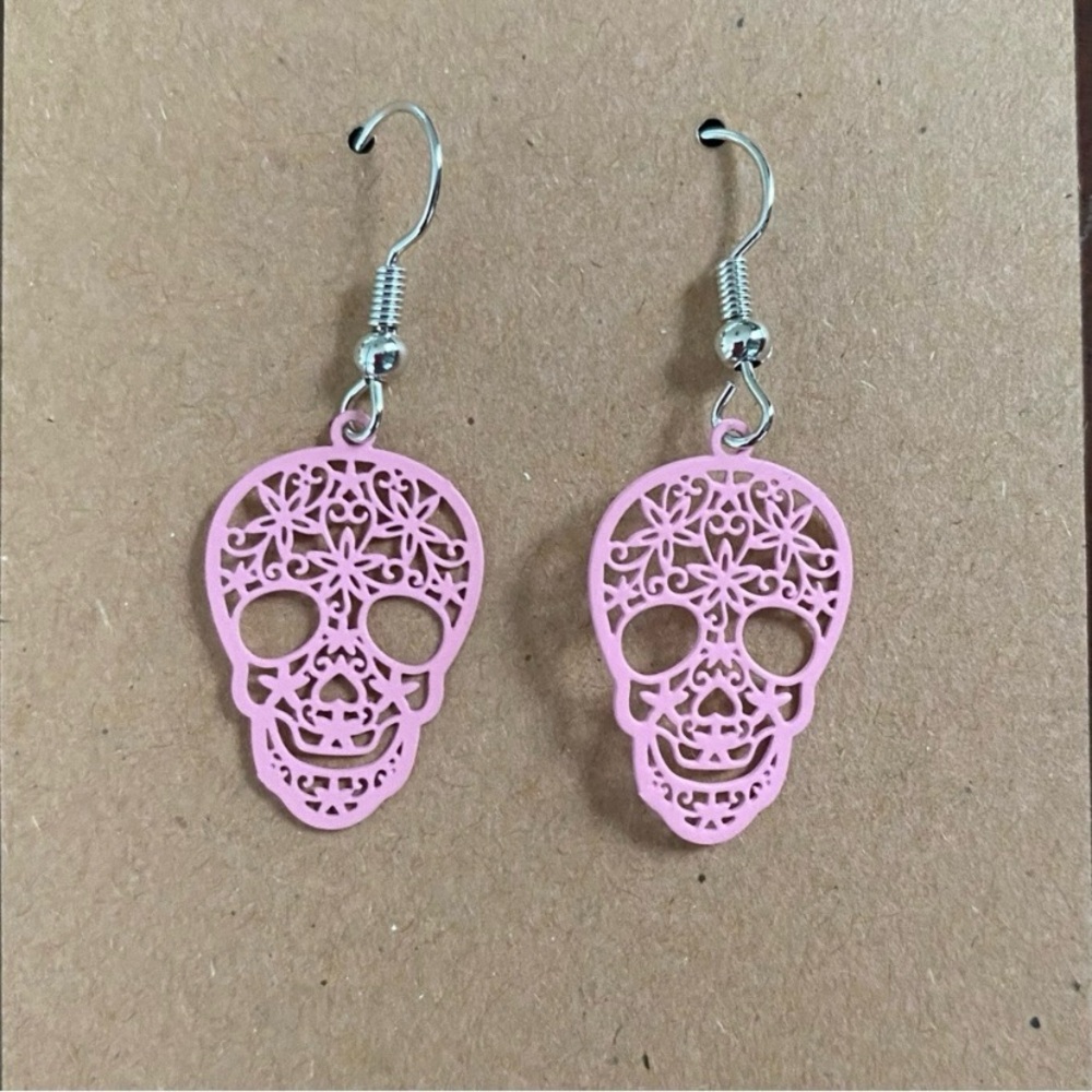 Pink Sugar Skull Filigree Dangle Earrings